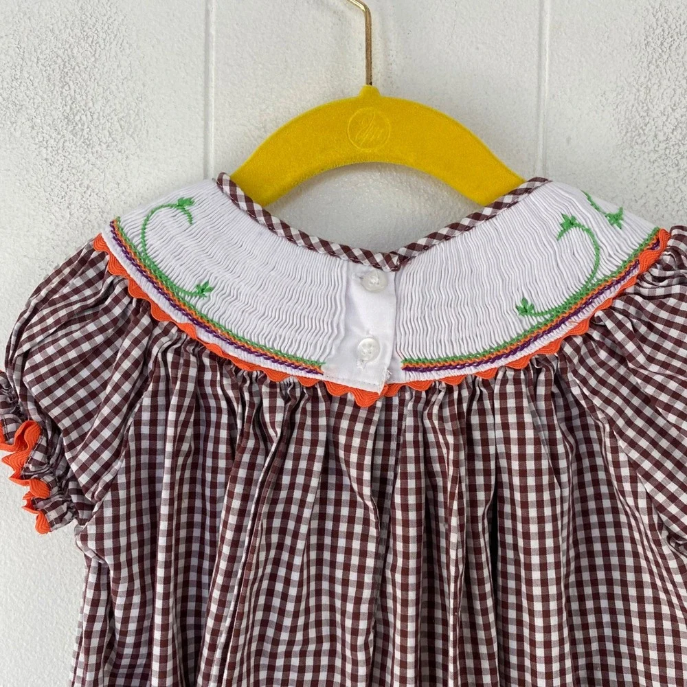 Marmellata Girls sz 3T Brown Gingham Smocked Pumpkin Thanksgiving Dress